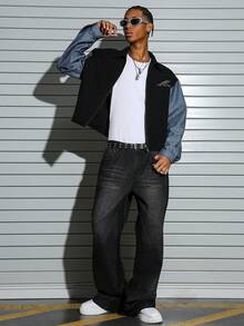 PAVTROS 男士牛仔拼接宽松短袖长袖夹克街头风拉链短款夹克 - 深色水洗藍 - 查看 4