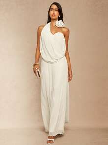 Silquee 女士优雅浪漫3D立体花卉装饰单肩长裙，夏季 - 白色 - 查看 3