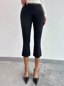 Firerie Women's Elegant Minimalist Slim Fit Leggings, Black High Waist Skinny Flare Leg Knit Tights, Suitable For Daily Wear, Versatile, Casual, Teacher, Going Out, Home - Black - View 7