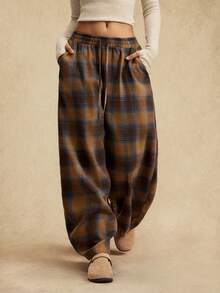 Easelle 女士抽绳腰带格子阔腿宽松休闲裤 - 棕色 - 查看 6