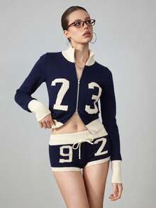 ROMWE Avant 2pcs Y2K Sporty Retro Numeral Cardigan & Shorts Set For Women - Navy Blue - View 7
