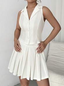 Chiquease Top fără mâneci și fustă plisată pentru femei, culoare uni, cu nasturi în față, 2 buc ținută casual de vacanță de vară - alb - Vizualizare 6