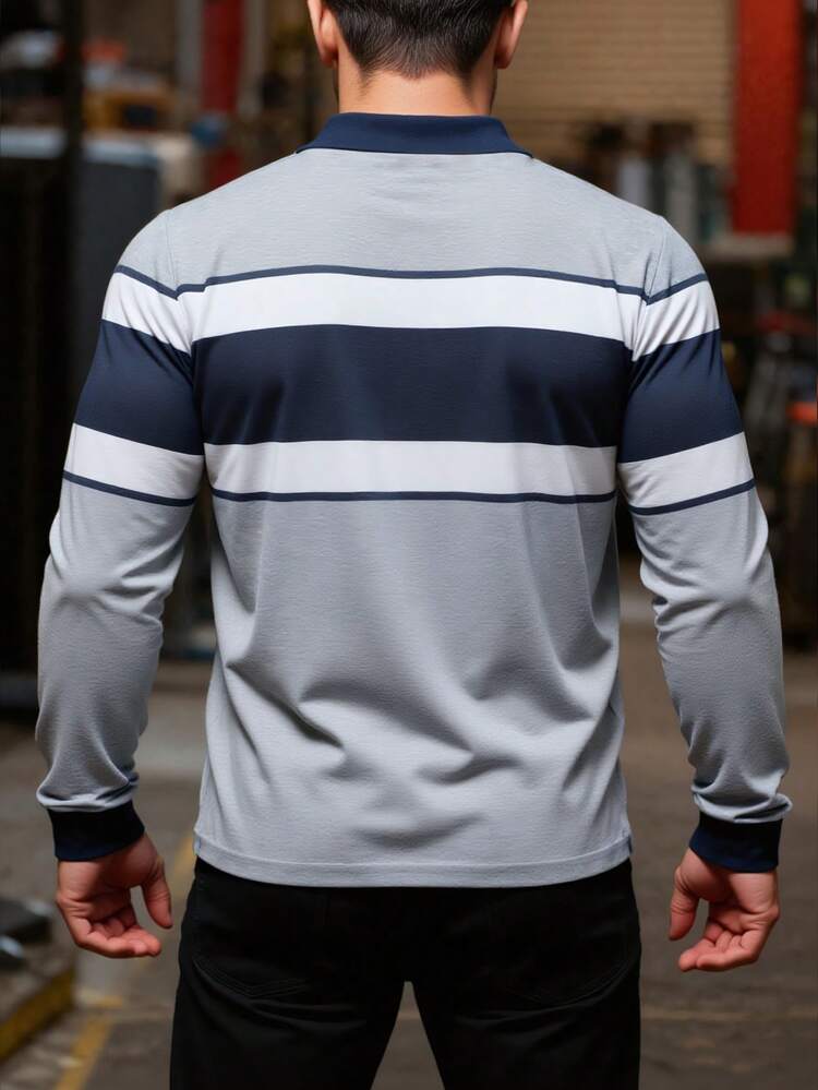 Manfinity Homme Men's Navy And White Contrast Color Long Sleeve Polo Shirt,Autumn Baggy Casual Pullover Rugby Shirt,Light Gray Hiking Dress Tshirt For Men - Light Grey - View 2