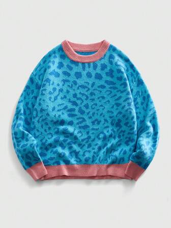 Street Life Men's Casual Contrast Trim Leopard Jacquard Knit Sweater, Autumn/Winter