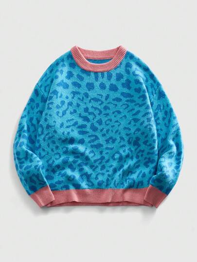 Street Life Men's Casual Contrast Trim Leopard Jacquard Knit Sweater, Autumn/Winter