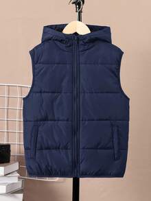 SHEIN Tween Boy Casual Hooded Padded Cotton Thick Woven Vest - Navy Blue - View 4