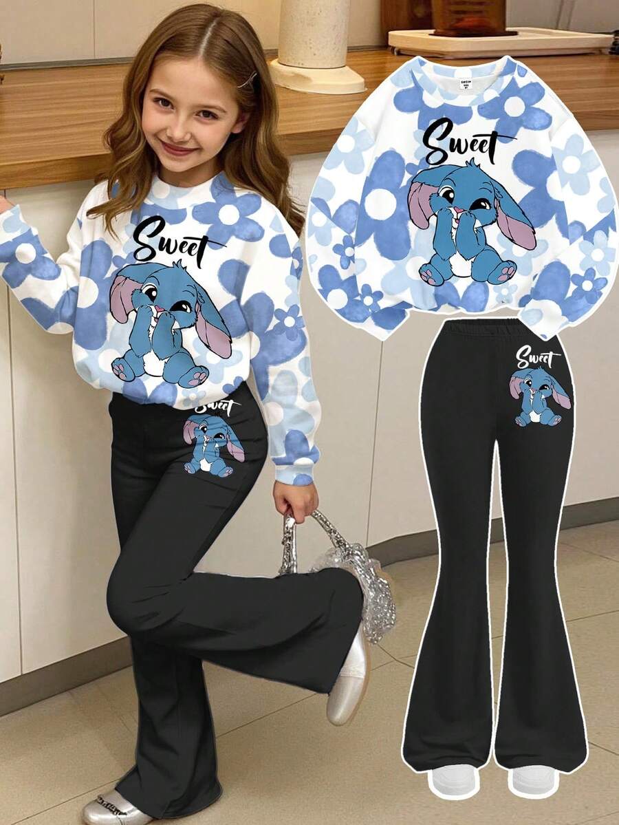 SHEIN Leap Crew 可爱卡通蓝色兔子和蓝色渐变花卉，少女针织圆领字母图案宽松运动衫和修身喇叭裤两件套，复古美式甜美休闲，学校，运动，户外，街头，家居 - 彩色 - 查看 1