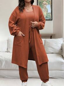 Vionelle 大码女式纯色落肩长袖外套和腰带连体裤休闲两件套 - 橘色 - 查看 6