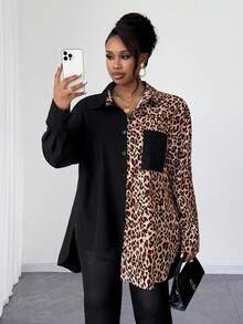 Maweii Casual Leopard Print Patchwork Retro Niche Design Plus Size Shirt - Black - View 4