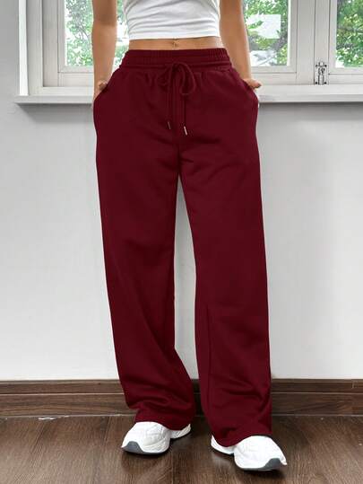 SHEIN EZwear Pantalones de chándal rectos y sueltos de punto, rojo y burdeos