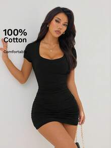 SHEIN PETITE Summer Dress Solid Ruched Bodycon Dress - Black - View 7