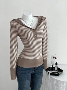 Elamini Women's Retro Casual Minimalist Solid Desire Pink Striped V-Neck Button Sweatshirt, Autumn - Brown - View 3