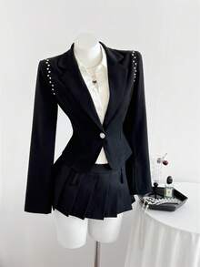 Elamini 女士黑色翻领西装外套，百搭专业风，时尚百搭，适合街头、办公、Y2K风格、约会、商务、休闲、通勤、秋冬季等各种场合。 - 黑色 - 查看 6