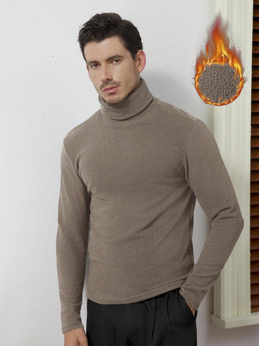 Core Aspect 男士休闲高领长袖保暖T恤，男士高领半高领，男士品牌，冬季款 - 卡其色 - 查看 1