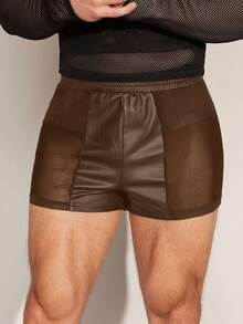 FeverCity 男士弹力皮革网眼面料短裤，夏季 - 棕色 - 查看 5