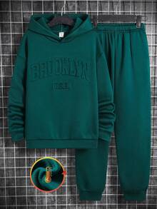 SHEIN 2pcs Kids/Tween Boys Casual Everyday Comfortable Printed Hoodie Sweatshirt And Sweatpants Knit Set Hoodie And Sweatpants Set Brooklyn Outfit Suitable For Spring/Summer Autumn And Winter, Daily Wear, Sports, Outings, School, Parties, Festivals, Photoshoots Boys Outfit Sets