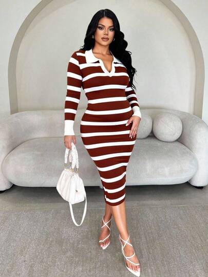 Vestido de canalé entallado a rayas para mujer moda otoño invierno 2025. Vestido de punto mujer, vestido ajustado rayas, vestido polo elegante, vestido largo, vestido otoño invierno 2025.