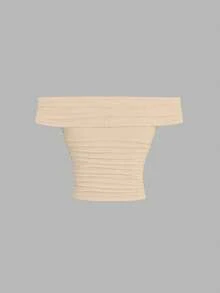 Sweetra 女士夏季修身褶皱露肩T恤，纯色Y2K - 卡其色 - 查看 2