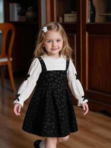 SHEIN Young Girl' Floral Textured Pastoral Style Puff Sleeve Bow Decor Yellow Dress, Autumn - Black and White - View 3