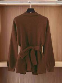 GlowEve CURVE Plus Size Vintage Wine Red Waist Cinched Sweater With Crossover V-Neck, Eye-Catching - Brown - View 2