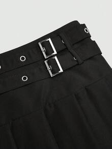 Sweetra Fashionable Sweet Casual Black Metal Punk Pleated Mini Skirt - Black - View 7