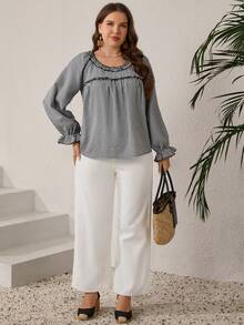 EMERY ROSE 大码女式荷叶边领格子长袖宽松衬衫，秋冬款，外出穿着，2025新款，简约时尚，适合日常穿着，大码冬季款，感恩节女装 - 黑與白 - 查看 3