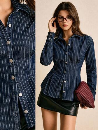 Poéselle Randig långärmad enkelknäppt jeansskjorta för kvinnor Blå randig skjorta Blusar med knappar för kvinnor Ribbad skjorta Business Casual damskjortor Westernskjortor för kvinnor Business Casual damskjortor Jeanskjorta Randig jeansskjorta Mysiga höst- och vinterstilar Höstkläder för kvinnor Julkläder