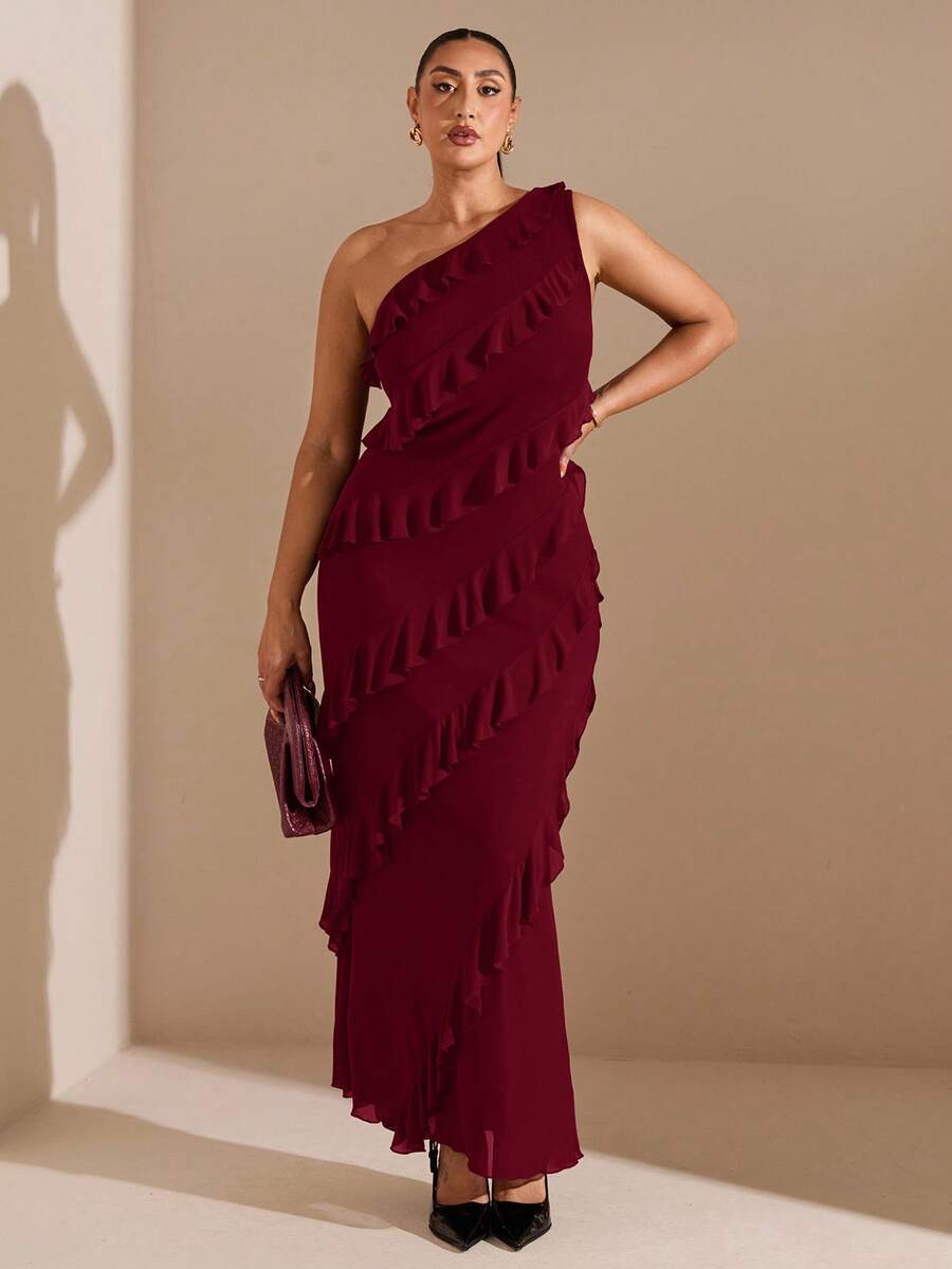 SHEIN BAE Plus Size Women Asymmetric Ruffle Hem Long Dress, Early Autumn - Burgundy - View 1