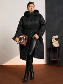 Zelara 大码女式纯色长袖拉链前长款休闲连帽冬季夹克 - 黑色 - 查看 7