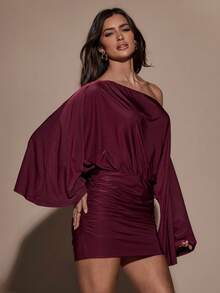 SHEIN BAE Abito lungo a maniche lunghe con spalle scoperte, vita stretta e vestibilità ampia, di colore unito - Bordò - Visualizzare 6