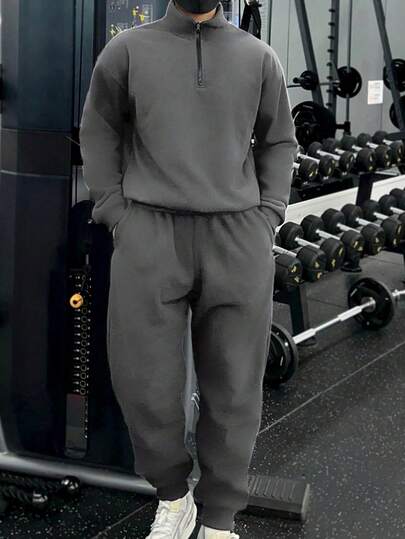 Manfinity Homme 2pcs Men's Solid Color Stand Collar Half Zip Long Sleeve Sweatshirt And Pocket Sweatpants Set Men Sweat Suit Mens Sweatpants And Sweatshirt Set Mens Jogging Set Gym Clothes Mens Workout Set