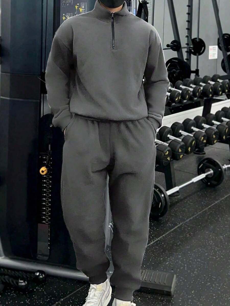 Manfinity Homme 2pcs Men's Solid Color Stand Collar Half Zip Long Sleeve Sweatshirt And Pocket Sweatpants Set Men Sweat Suit Mens Sweatpants And Sweatshirt Set Mens Jogging Set Gym Clothes Mens Workout Set