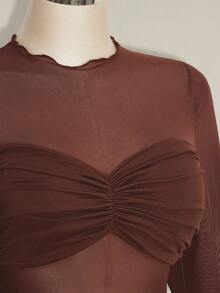 SHEIN ICON 大码女式网纱拼接透视褶皱长袖迷你连衣裙 - 棕色 - 查看 6