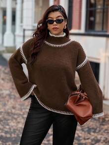 Vionelle Plus Size Women Knitted Elegant Fashionable Color Block Ribbed Hem Loose Pullover Sweater, Casual & Versatile Brown Sweater Coffee Brown Top Long Sleeve Top Sweater For Women Chocolate Brown Top - Coffee Brown - View 3
