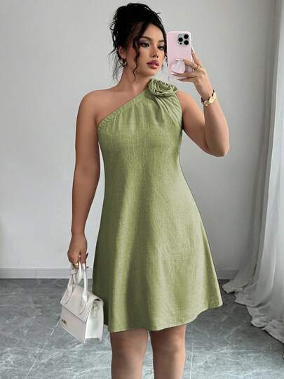 Elenzga Plus Size Women's Casual Loose Linen Blend Sleeveless Midi Dress With Asymmetric Shoulder And Floral Hem Slit, Suitable For Spring/Summer Vacation And Commute Solid Color Dress One Shoulder Summer Dress Sage Green Dress Plus Light Green Dress Women One Shoulder Dress
