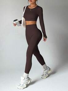 SHEIN Dewbera Conjunto de ropa deportiva elástica y sin costuras para mujer, de unicolor, con cuello redondo, mangas raglán y corte ajustado - Marrón Mocha - Ver 3
