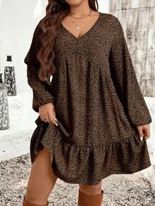 SHEIN LUNE 大码女式豹纹V领灯笼袖荷叶边下摆休闲连衣裙 - 棕色 - 查看 1