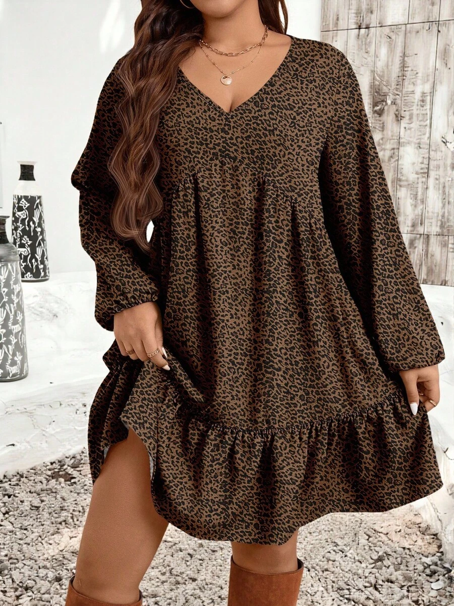 SHEIN LUNE 大码女式豹纹V领灯笼袖荷叶边下摆休闲连衣裙 - 棕色 - 查看 1