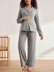 BloomMama Casual, Basic, Fashionable Maternity & Nursing Pajamas Set, Winter - Grey - View 3