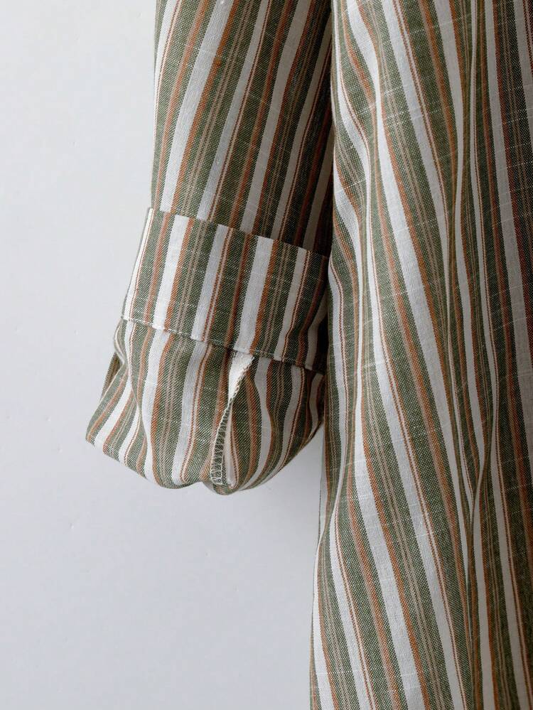 SHEIN LUNE Plus Size Women Thanksgiving For Women Fall Casual Everyday Wear, Striped Print Long Sleeve Shirt, Casual Loose Comfy Long Style New Year Women's For Home And Vacation, Fall, Thanksgiving Women Christmas For Women Blouse Casual Loose Comfy Long Style For Home And Vacation, Fall Shirt Holiday Blouse - Multicolor - View 4