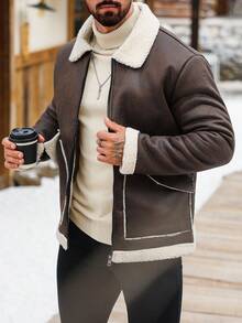 Manfinity CasualCool Men's Thermal Lined Sherpa Jacket,Dark Beige,Winter,80s,Hiking,Contrast Color Fur Collar Zip-Up Long Sleeve Brown Bomber Jacket For Autumn/Winter - Coffee Brown - View 4