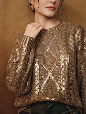 Anewsta Suéter de mujer vintage elegante, tejido suelto con cuello redondo y diseño de lámina metálica, adecuado para fiesta, club, otoño, invierno, primavera, Año Nuevo, Acción de Gracias, trabajo