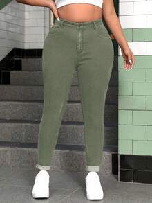 SHEIN CURVE+ Plus Size Stretchy Skinny Jeans - Army Green - View 3