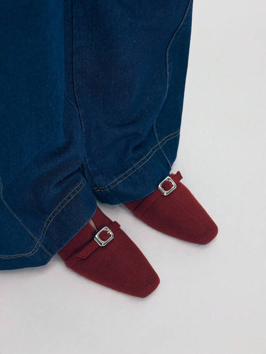 Mnmlis Giày lười đế bằng thiết kế khóa cài thông thường dành cho nữ, đa năng để mặc hàng ngày - Màu Đỏ Sâu - Xem 1