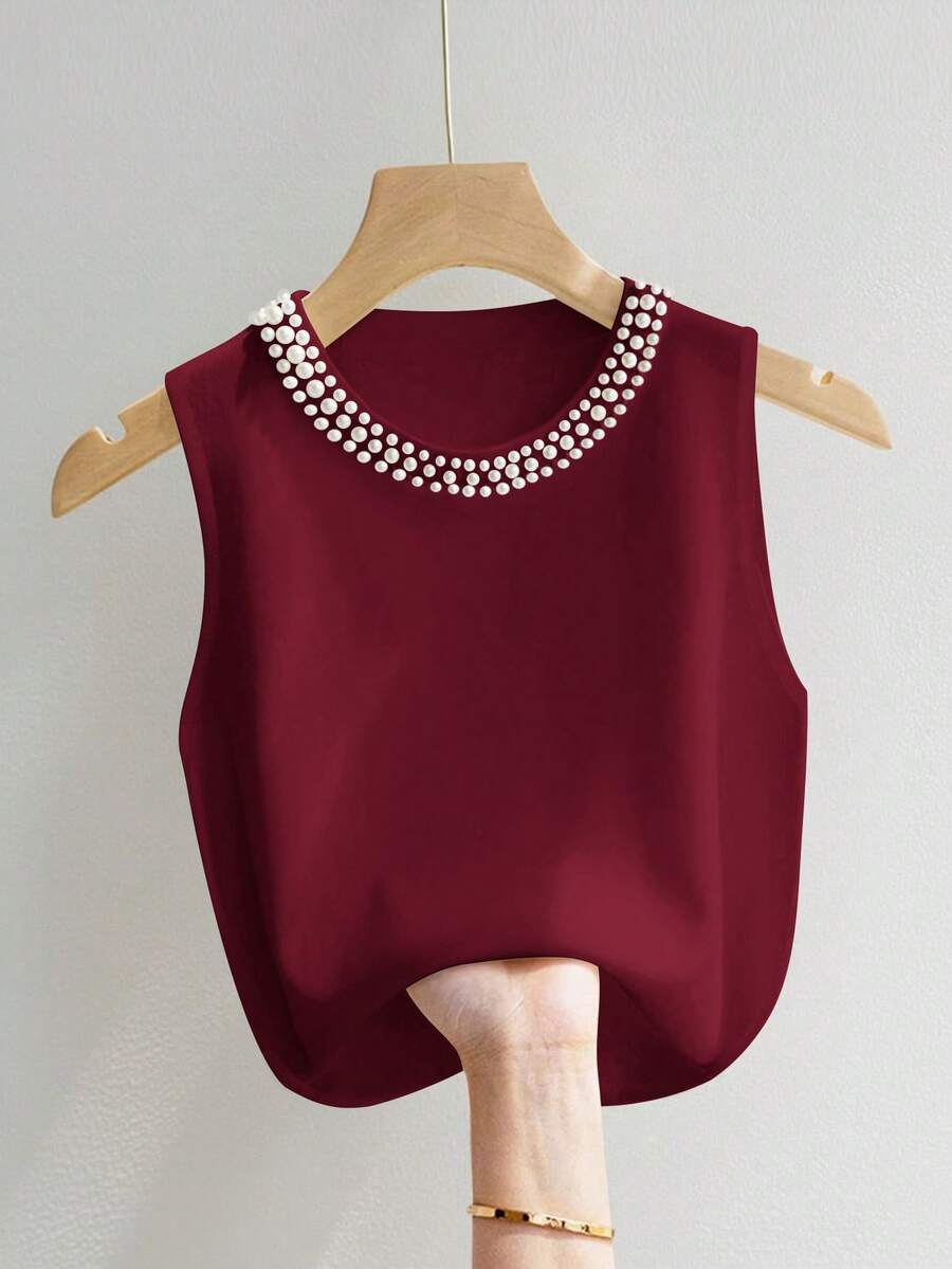 Franclia Plus Size Solid Color Minimalist Casual Pearl Decor Sleeveless Tank Top - Burgundy - View 1