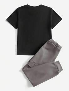 SHEIN Bộ 2 áo thun cổ tròn tay ngắn in chữ và quần short thường ngày cho bé trai tuổi teen - Xám - Xem 2