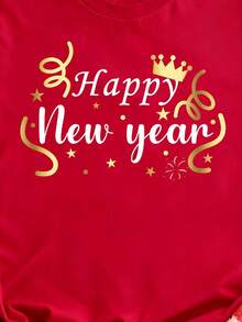 SHEIN EZwear 休闲简约假日派对庆祝新年特别版，新年除夕派对，新年“2026新年快乐”仿箔印花宽松圆领短袖女式T恤，适合夏季新年派对和圣诞节穿着。 - 紅色 - 查看 3