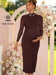 Loomaby Vestido de maternidad elegante de unicolor y ajustado para fiesta - Marrón - Ver 3