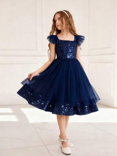 Flower Girl Layered Cap Sleeve Sequin Mesh A-Line Short Dress, Suitable For Wedding, Party, Birthday, Performance