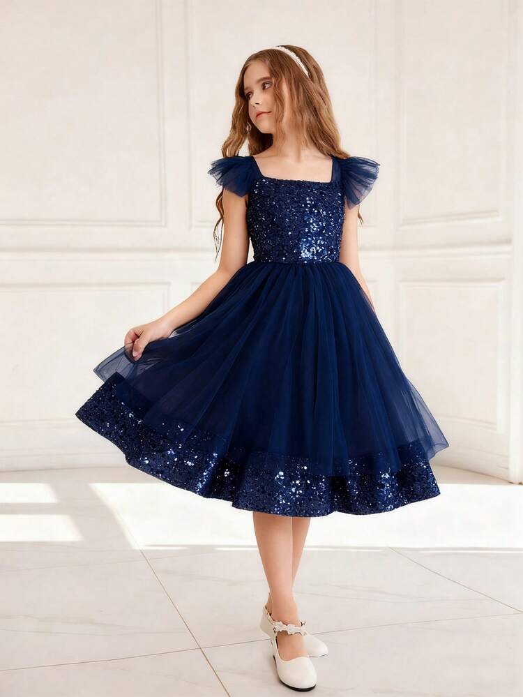 Vestido corto de niña de las flores con mangas de capa, de malla con lentejuelas y línea A, adecuado para bodas, fiestas, cumpleaños y actuaciones - Azul Marino - Añade 1